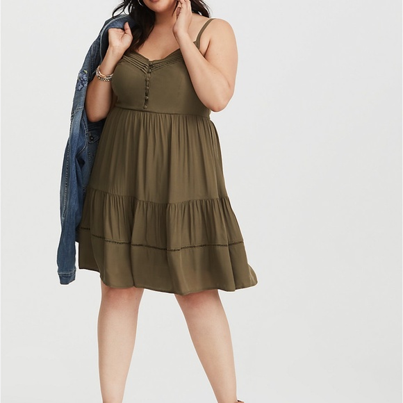 Torrid Olive V-Neck Tiered Challis Mini Dress 2